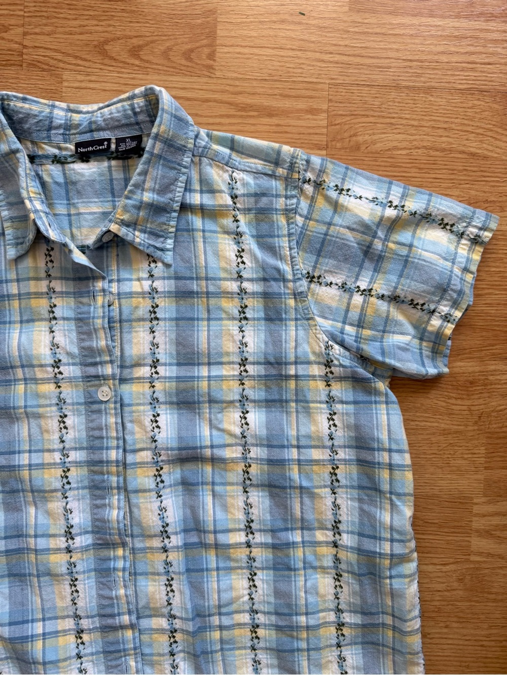 NorthCrest Blue and Yellow Plaid Button-Down Shirt with Dainty Floral Details